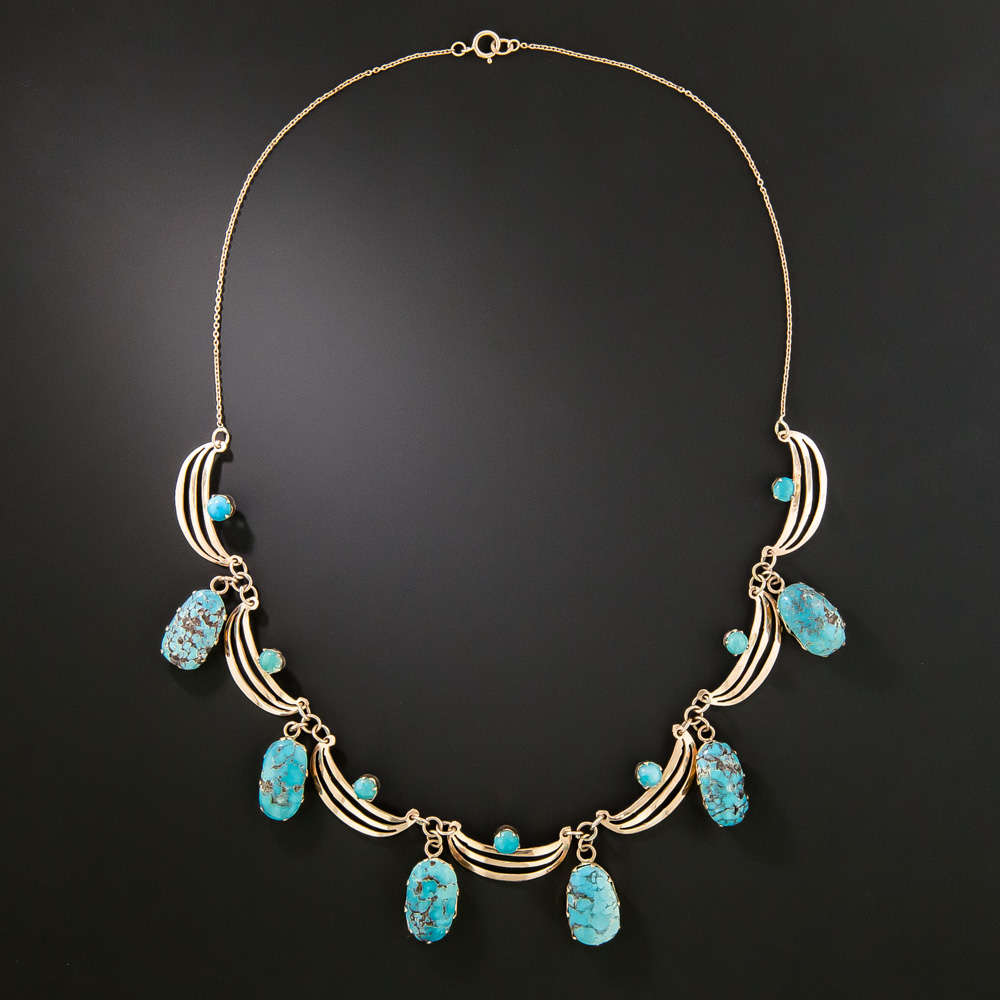 Mid-Century Turquoise and Rose Gold Necklace