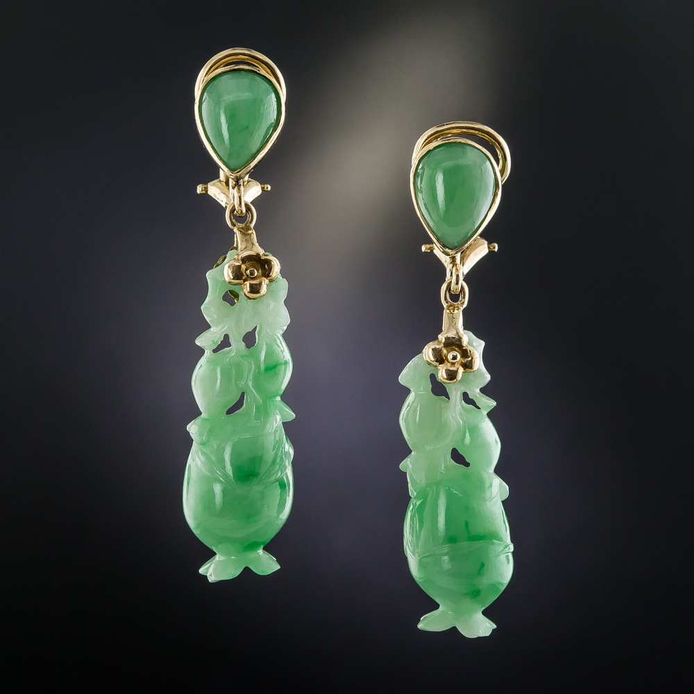 Natural Burma Carved Jadeite Flower Vase Drop Earrings