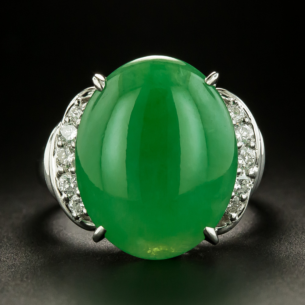 Natural Burmese Apple Green Jade and Diamond Ring