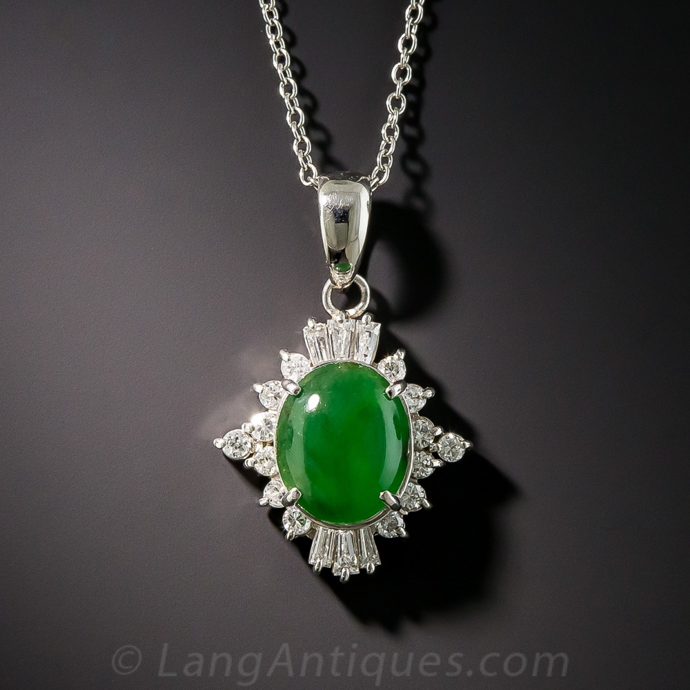 Natural Burmese Jade Platinum Diamond Drop Necklace