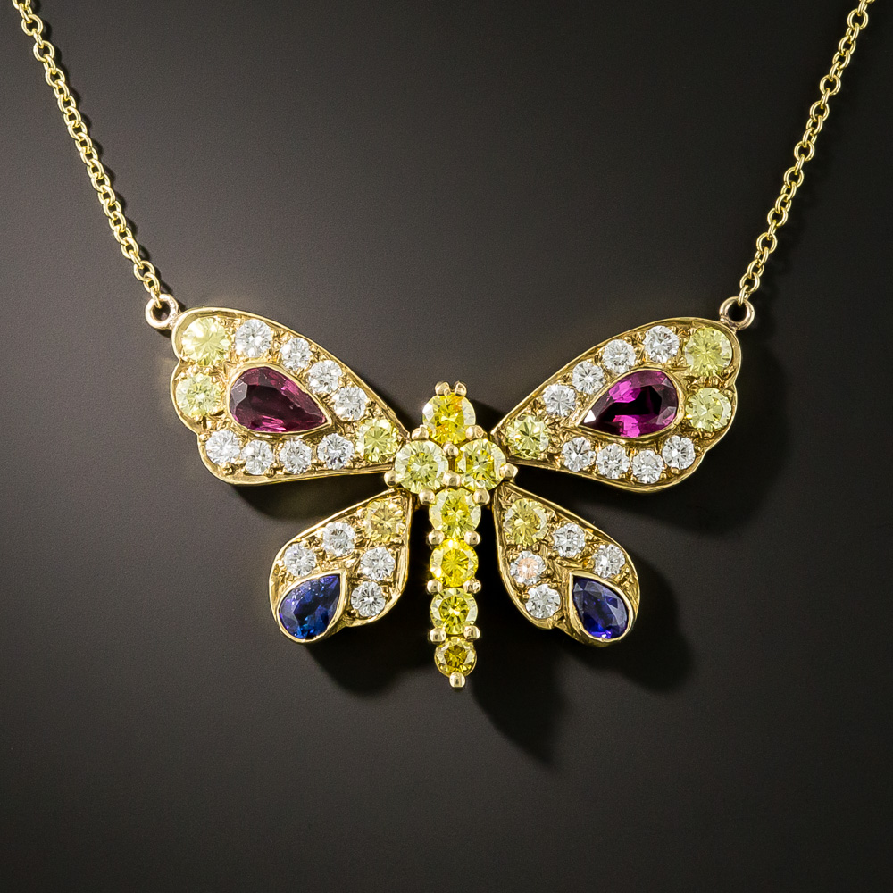 Natural Fancy Yellow Diamond, Ruby and Sapphire Butterfly Necklace