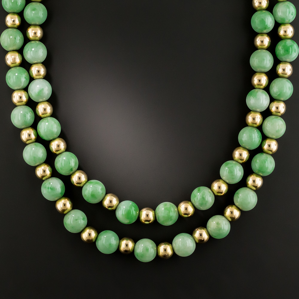 Natural Jade and Gold Bead Necklace - Antique & Vintage Necklaces