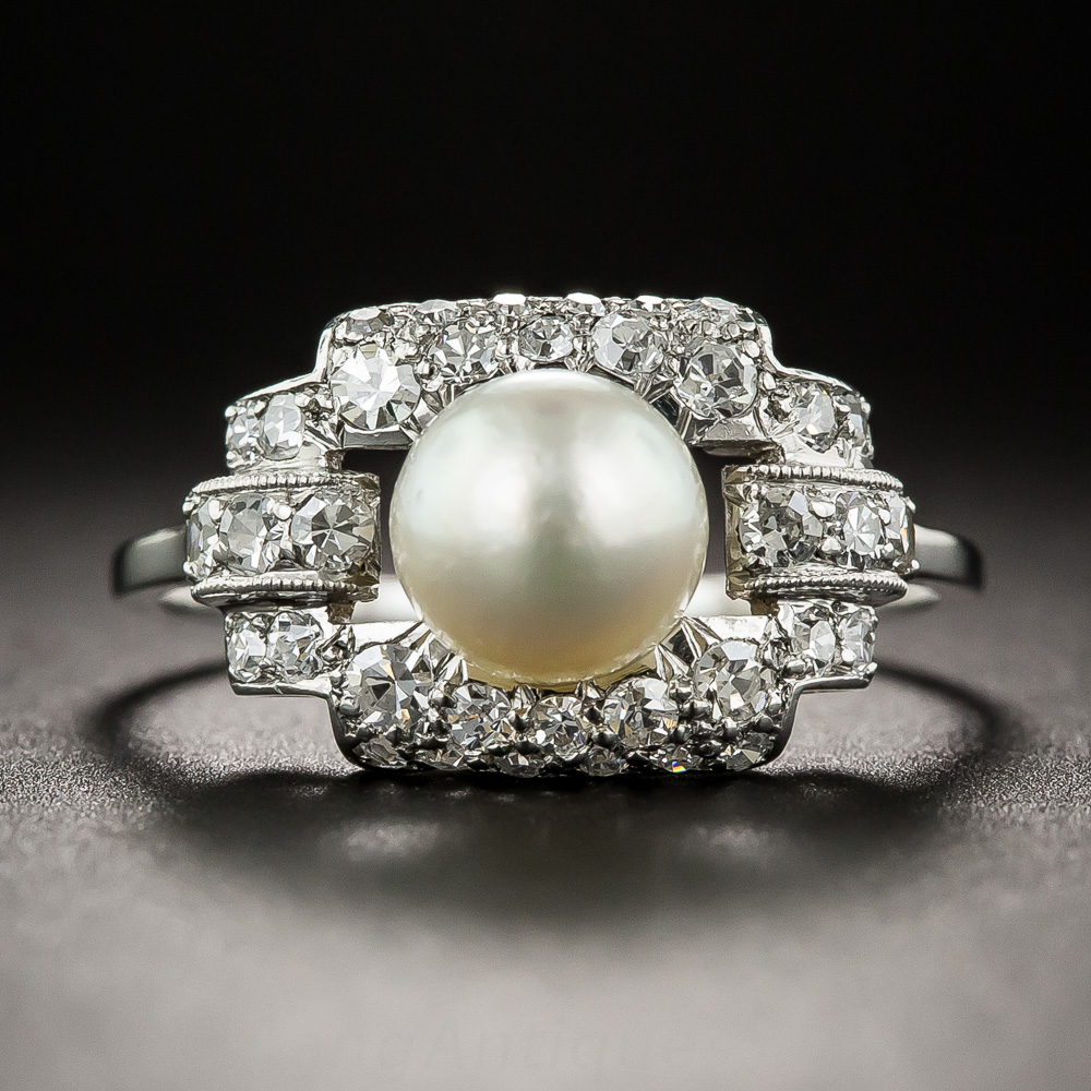 Natural Pearl and Diamond Art Deco Ring - GIA