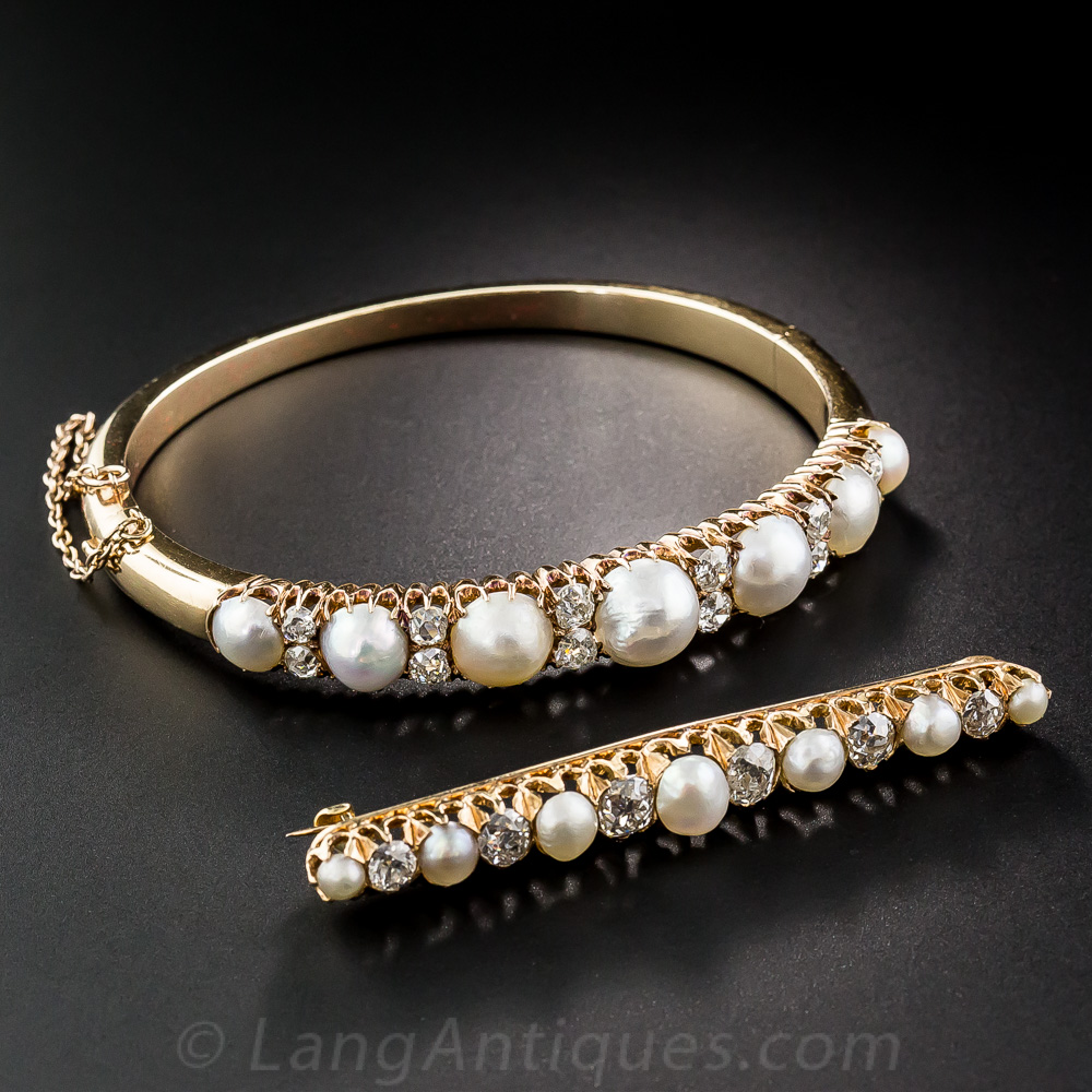 Natural Pearl and Diamond Bracelet and Bar Brooch Set