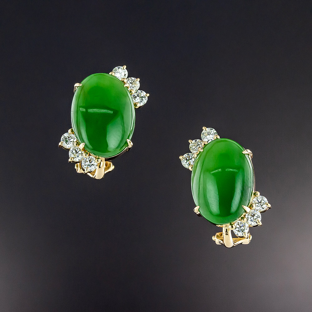 Nephrite Jade and Diamond Earrings