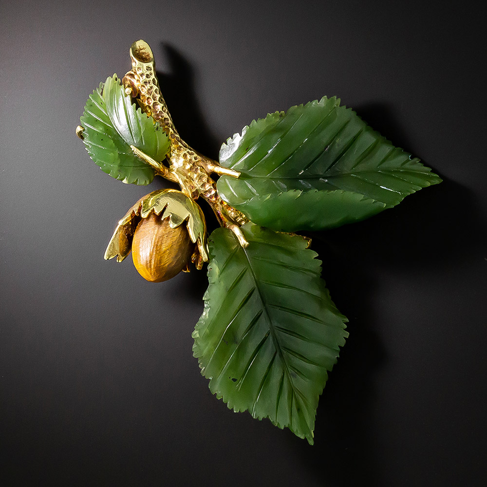 Nephrite Leaf and Tiger s Eye Acorn Brooch