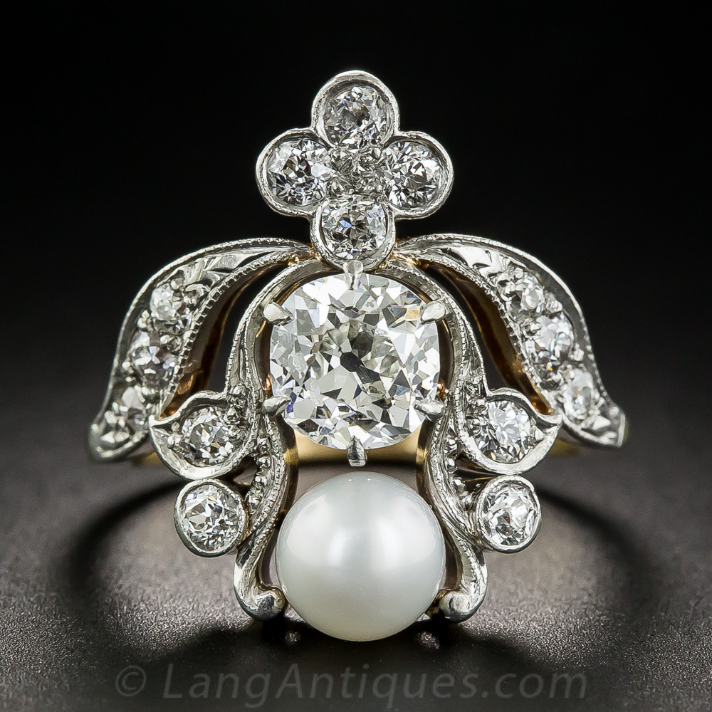 One Carat Diamond and Natural Pearl Edwardian Ring