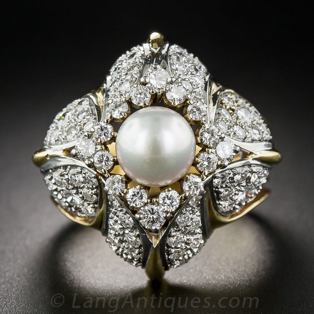 Pearl and Diamond Bombe Cocktail Ring