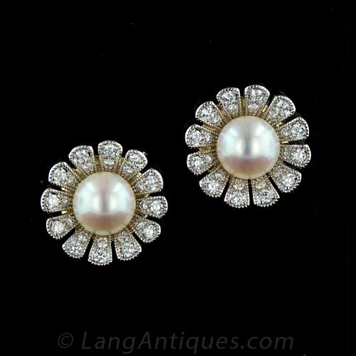 Pearl and Diamond Cluster Earrings