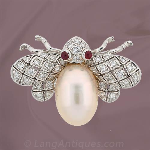 Pearl, Diamond and Ruby Bee Pin