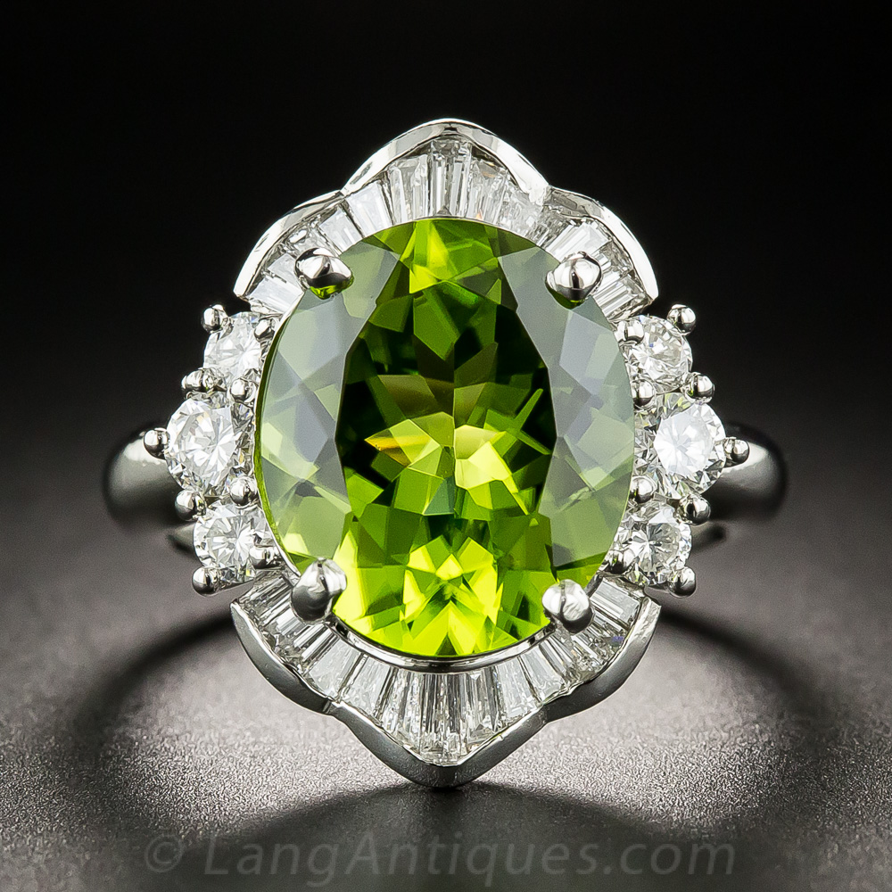 Peridot, Platinum and Diamond Ring Antique & Vintage Gemstone Rings Antique & Vintage Jewelry