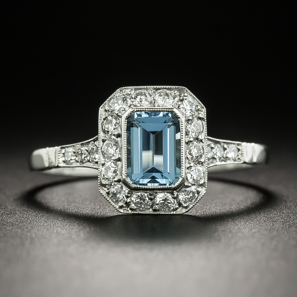 Petite Art Deco Style Aquamarine and Diamond Ring