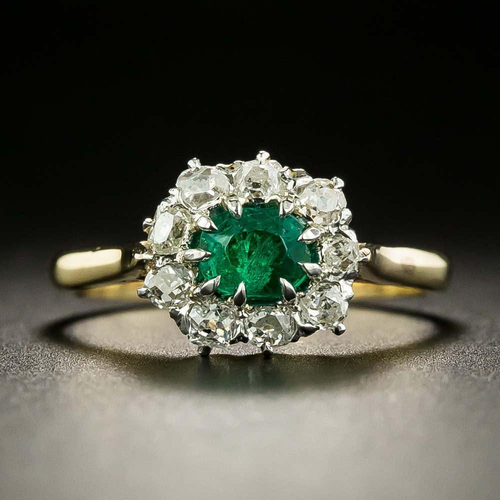 Petite Edwardian Emerald and Diamond Halo Ring