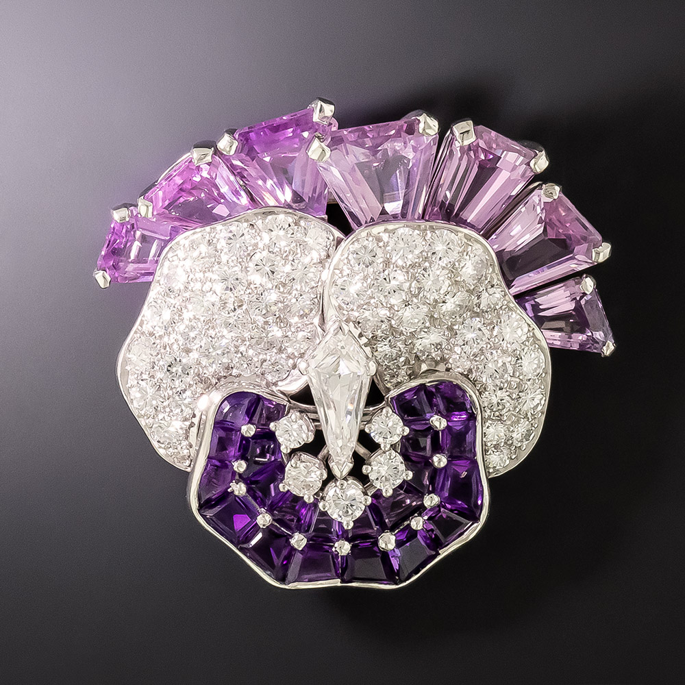 Pink Sapphire Amethyst and Diamond Pansy Brooch AGL Natural No