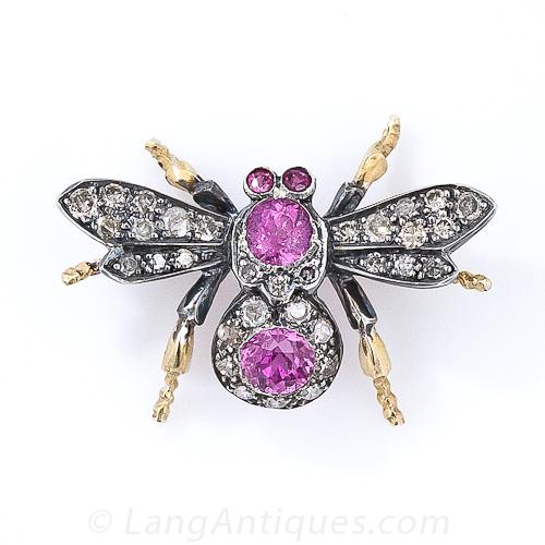 Pink Tourmaline and Diamond Insect Pin