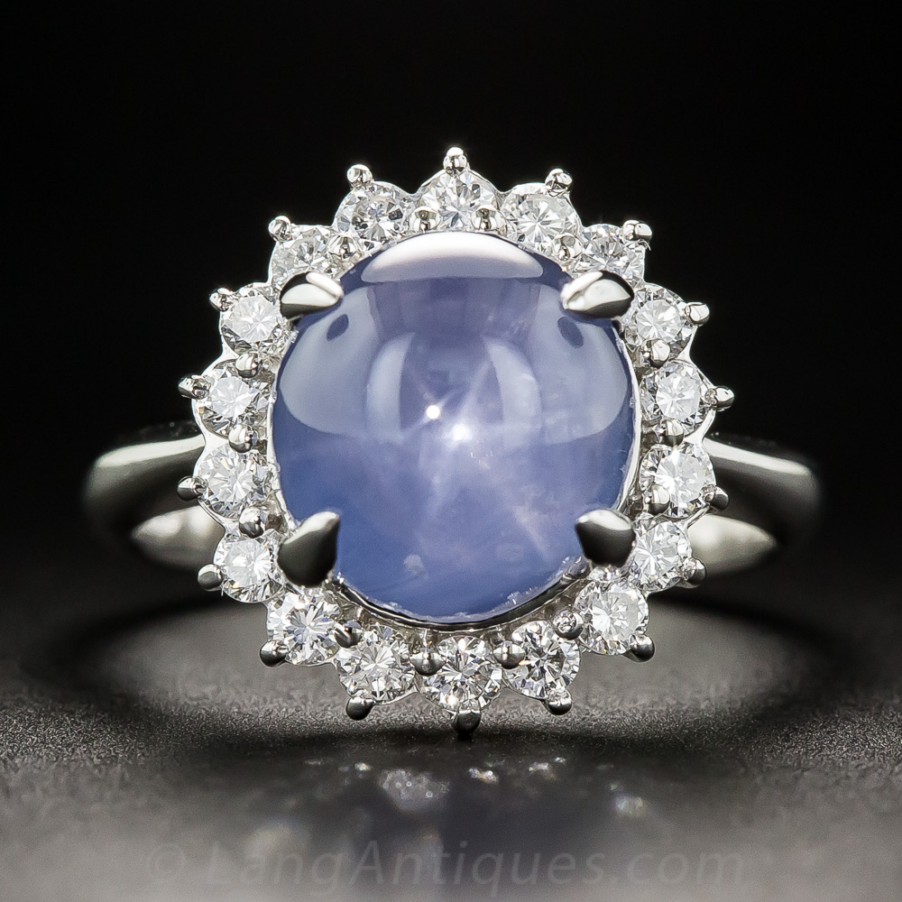 Platinum 9.55 Carat Star Sapphire and Diamond Ring