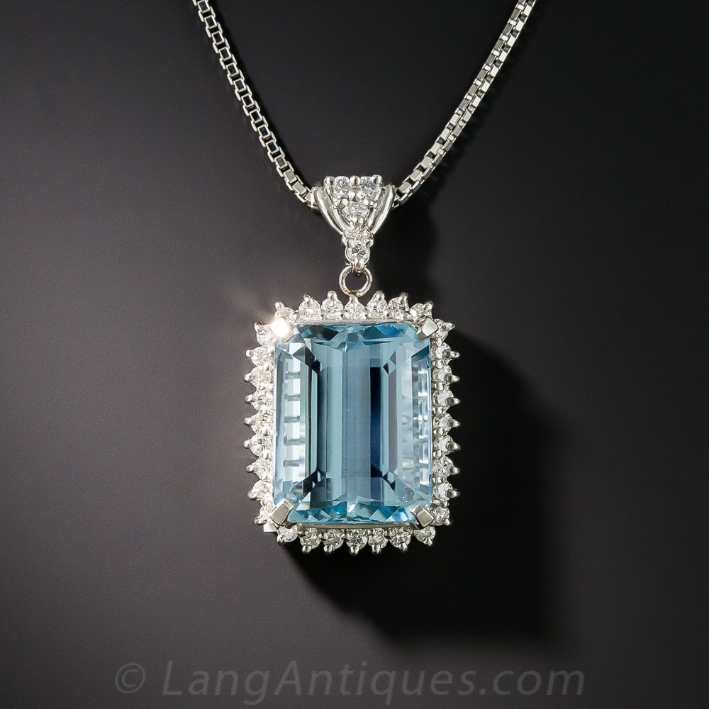 Platinum Aquamarine and Diamond Pendant Necklace