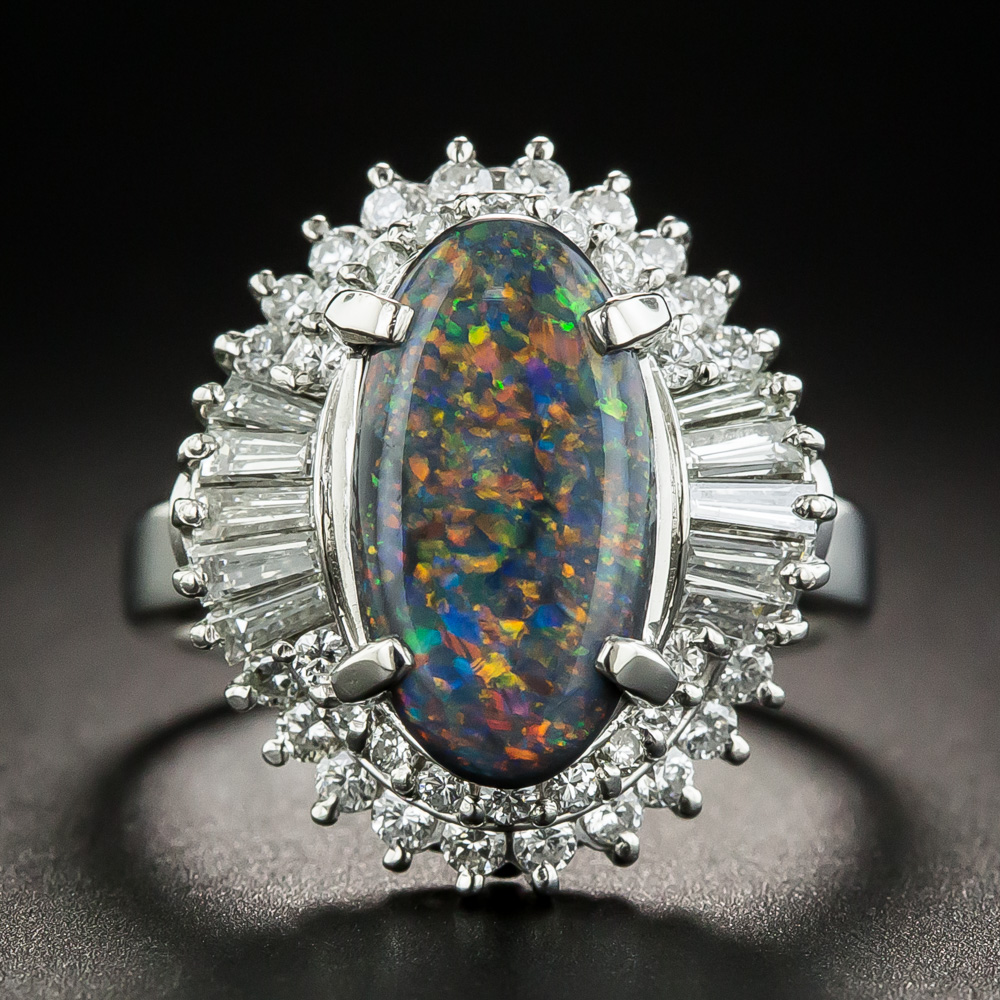 Platinum Black Opal Cabochon and Diamond Cocktail Ring
