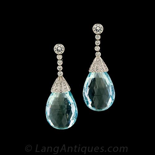 Platinum Briolette Aquamarine and Diamond Dangle Earrings