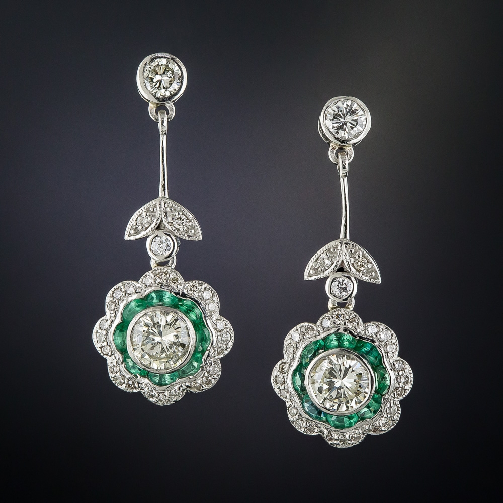 Platinum Diamond And Emerald Art Deco Style Dangle Earrings