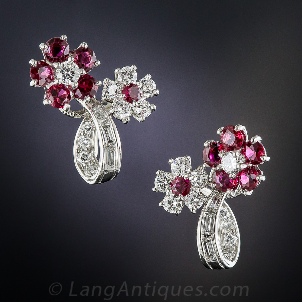 Platinum Diamond Ruby Flower Earrings