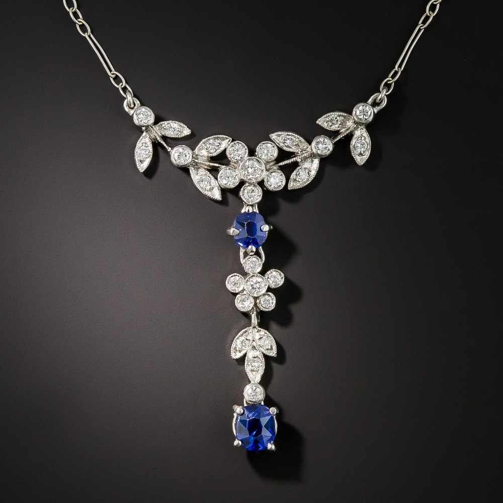 Platinum Diamond Sapphire Edwardian Inspired Necklace