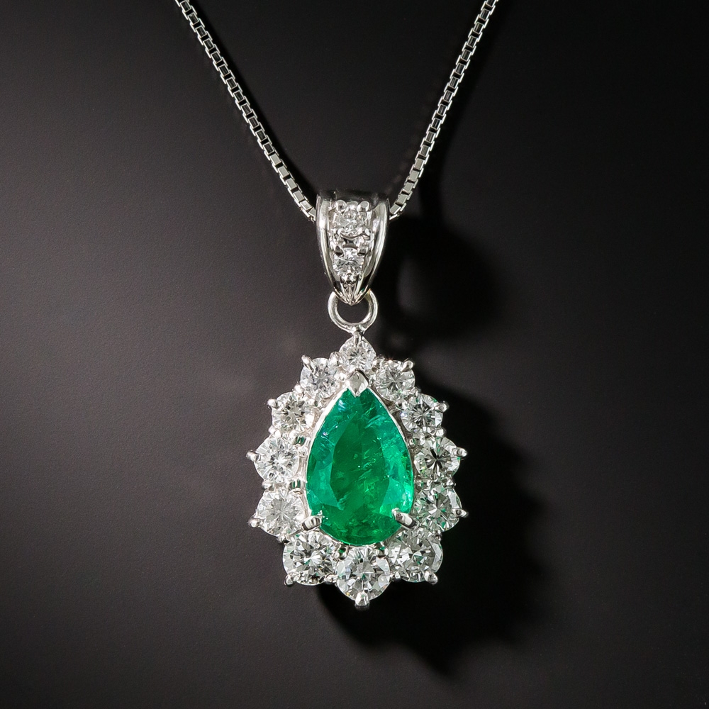 Platinum Emerald And Diamond Pendant Necklace
