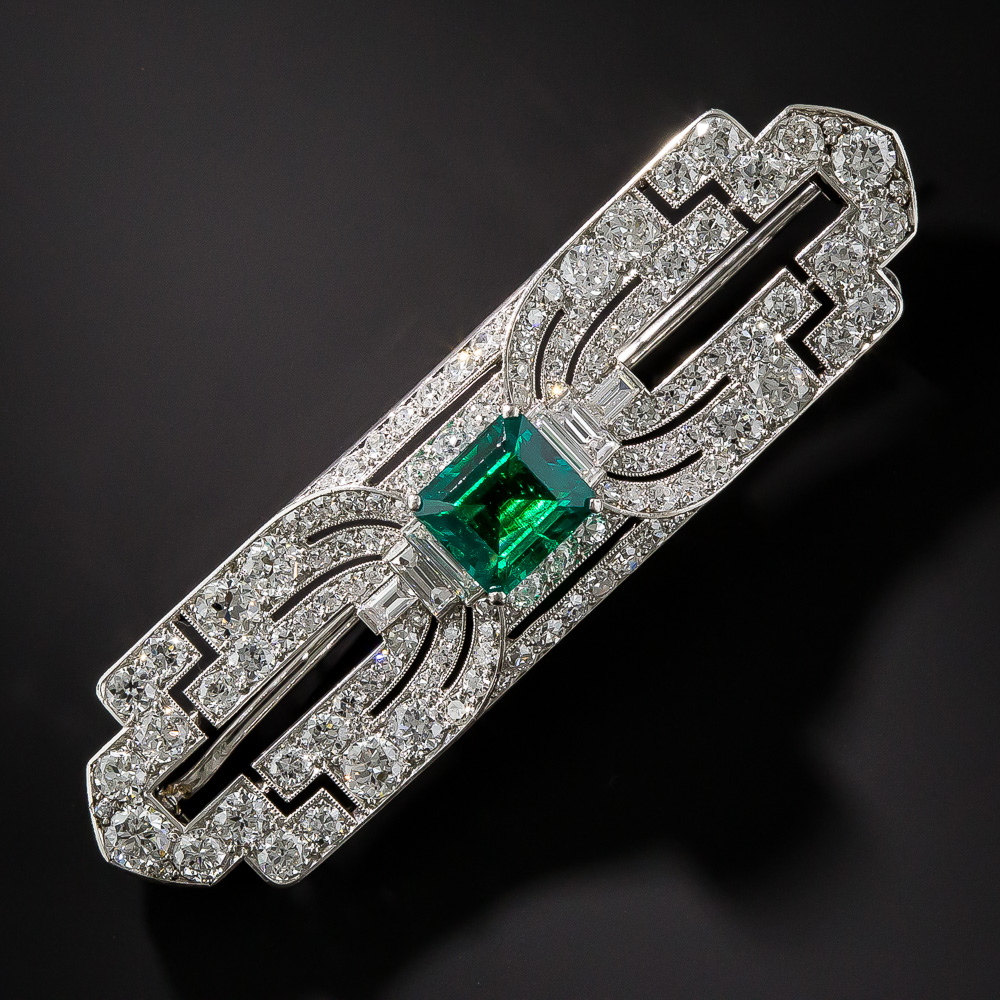 Platinum Gem Emerald and Diamond Art Deco Brooch - Antique & Vintage ...