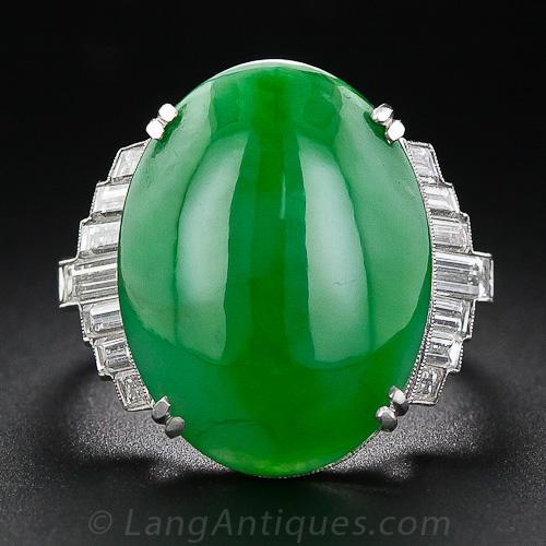 Platinum Jade and Baguette Diamond Ring