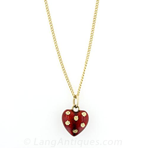 Puffed, Red Enameled Heart Pendant