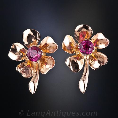 Red Tourmaline Flower Earrings