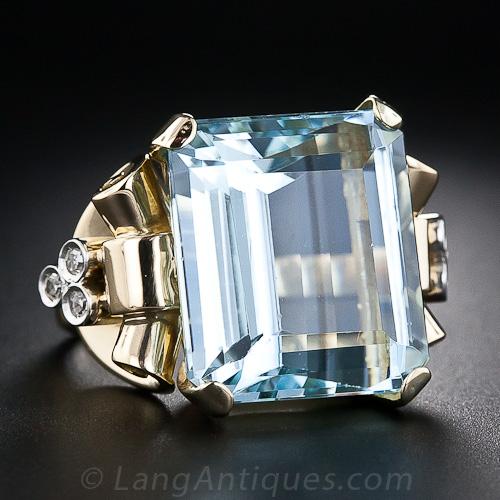 Retro Aquamarine and Diamond Ring