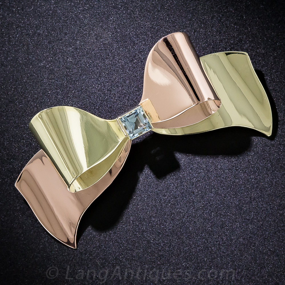 Retro Cartier Rose and Green Gold Bow Brooch with Aquamarine