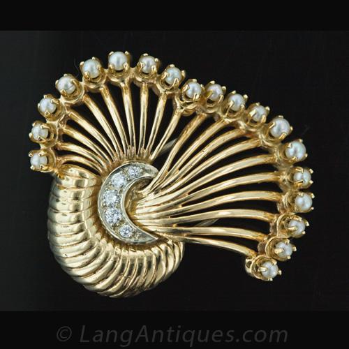 Retro Diamond and Pearl Clip Brooch