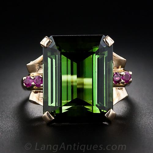 Retro Green Tourmaline and Ruby Ring