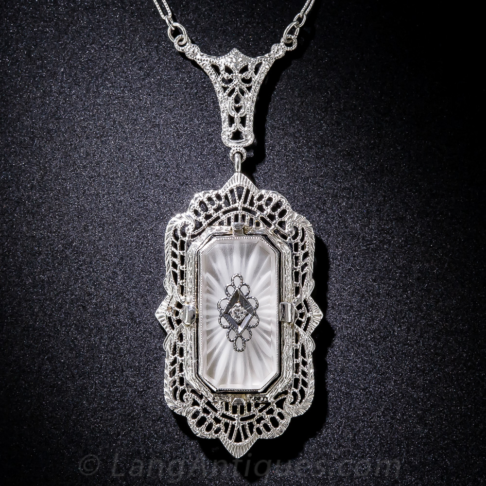 Reversible Art Deco Quartz Crystal, Onyx and Diamond Filigree Pendant