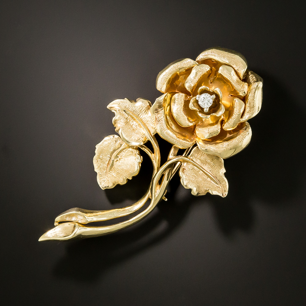 Estate Long Stem Rose Brooch with Diamond