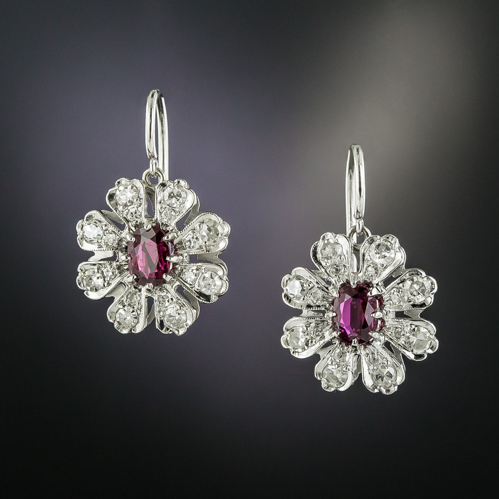 Ruby and Diamond Flower Earrings