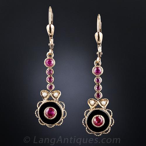 Ruby, Onyx and Pearl Earrings