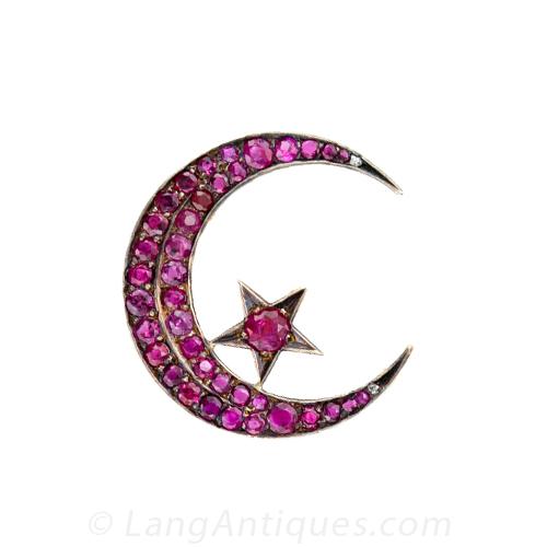Russian Ruby and Rose Gold over Silver Star Crescent Pin