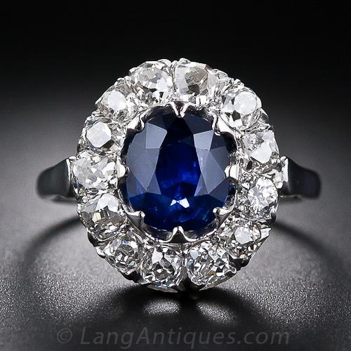 Sapphire and Old Mine-Cut Diamond Ring