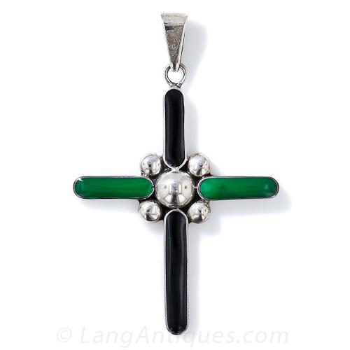 Silver Green and Black Enamel Cross