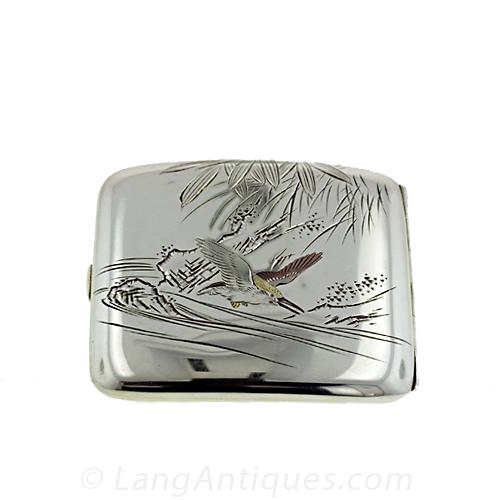 Silver Heron-Motif Japanese Cigarette Case