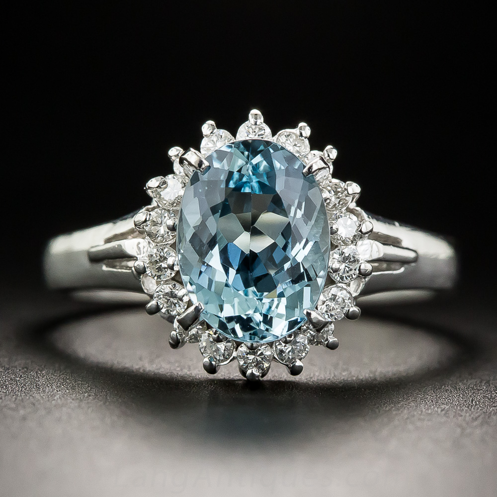 Small Aquamarine Diamond and Platinum Ring