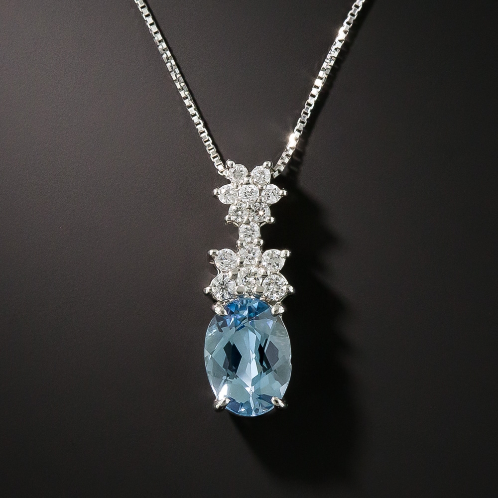 Small Aquamarine Platinum and Diamond Pendant