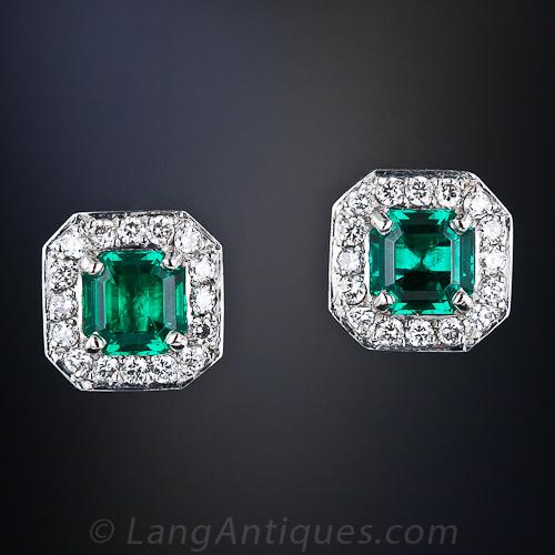 Small Emerald and Diamond Stud Earrings