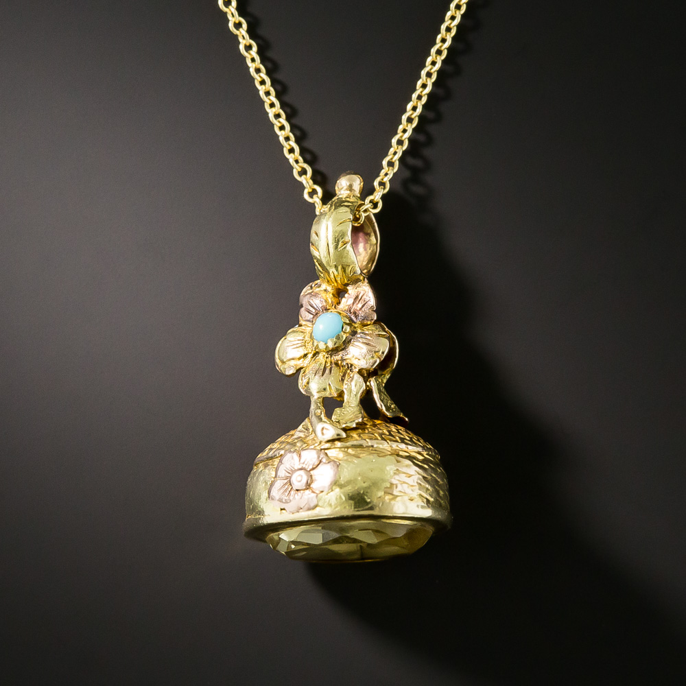 Small Victorian Citrine And Turquoise Fob Pendant