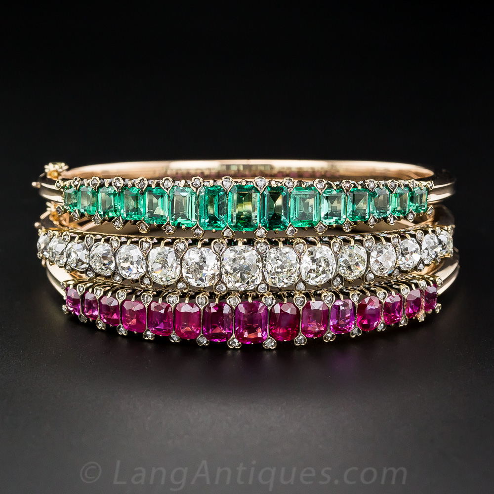 Victorian Diamond, Ruby and Emerald Matched Bangle Set