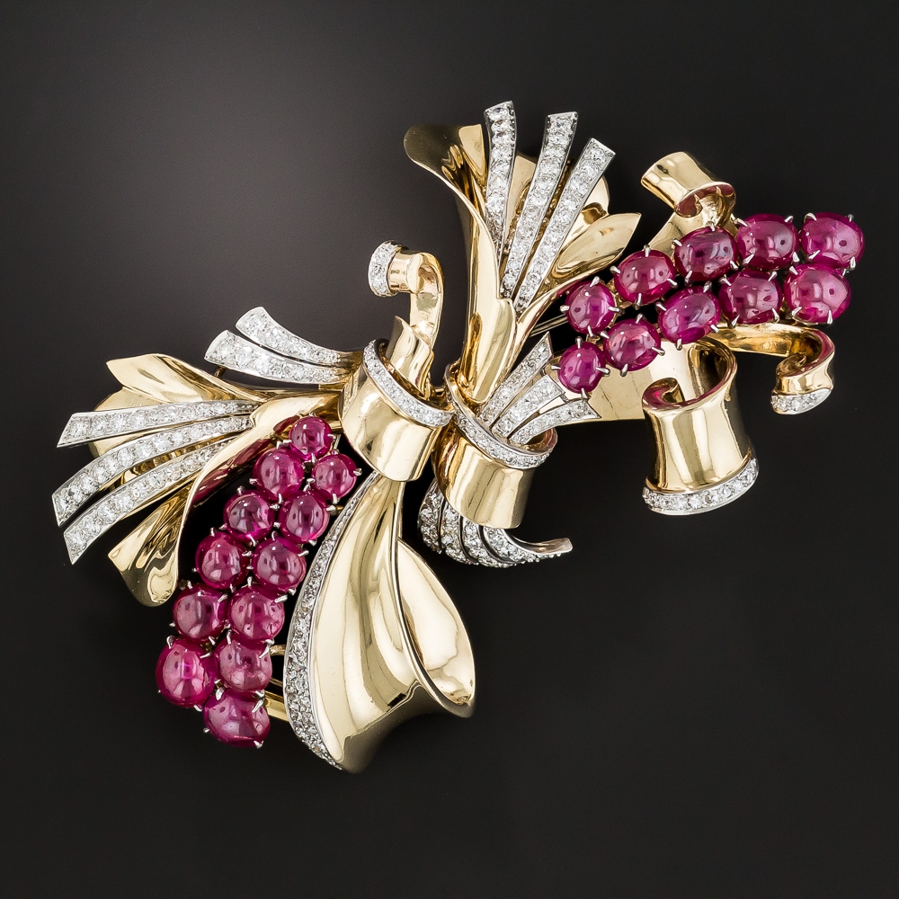 ブローチ・コサージュ VINTAGE HOLLYWOOD Double Clip Brooch BMR692 Trabert & Hoeffer Mauboussin Retro Ruby and Diamond Double