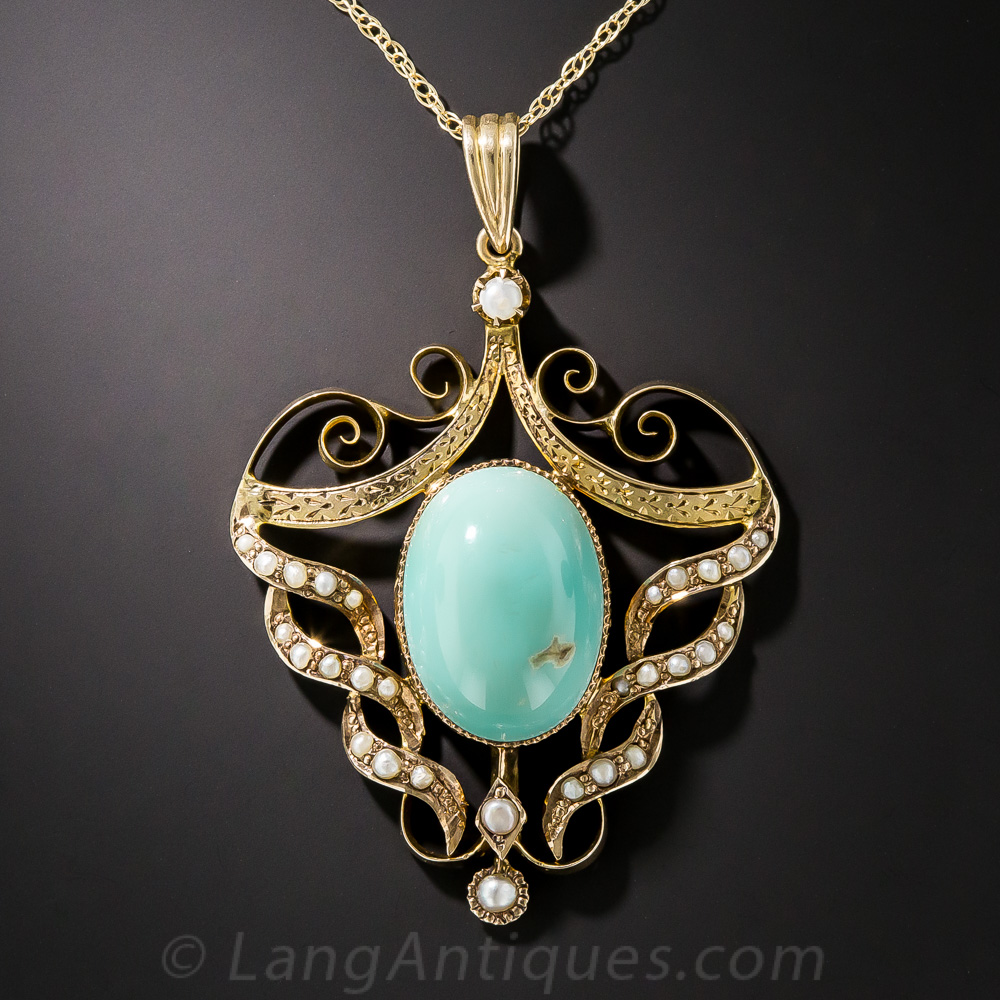 Turquoise and Seed Pearl Pendant Necklace